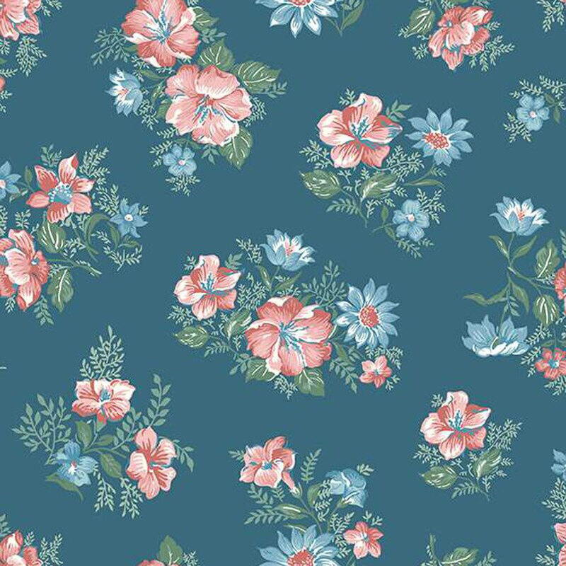 fabric pattern of pink and blue flowers in a bouquet with green leaves surrounding it on a blue background