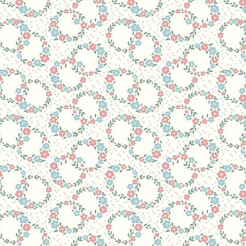 fabric pattern of floral wreaths in a calico pattern over a white background