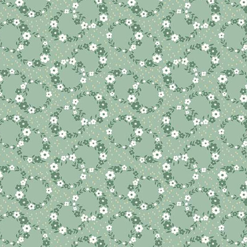 fabric pattern of floral wreaths in a calico pattern over a green background