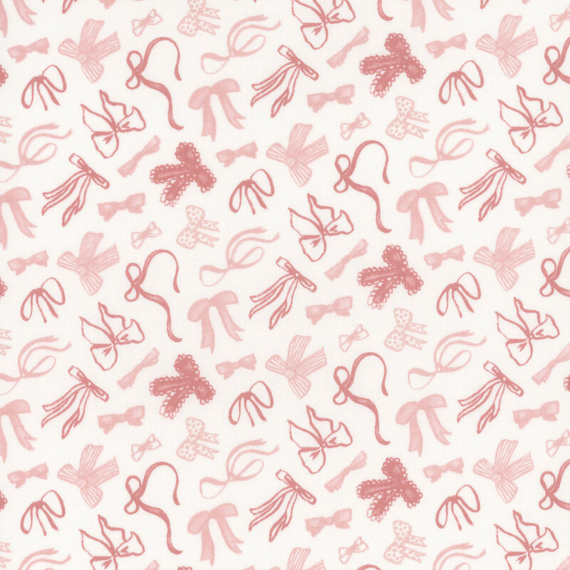 White fabric with a pattern of tossed pink bows in various styles.