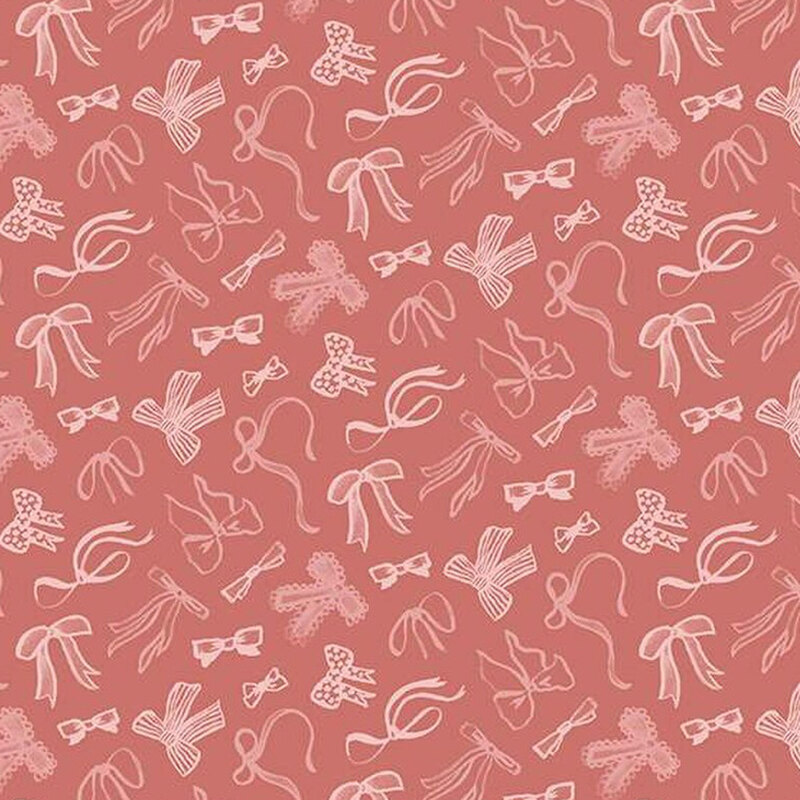 fabric pattern of pink hair bows over a burnt pink background