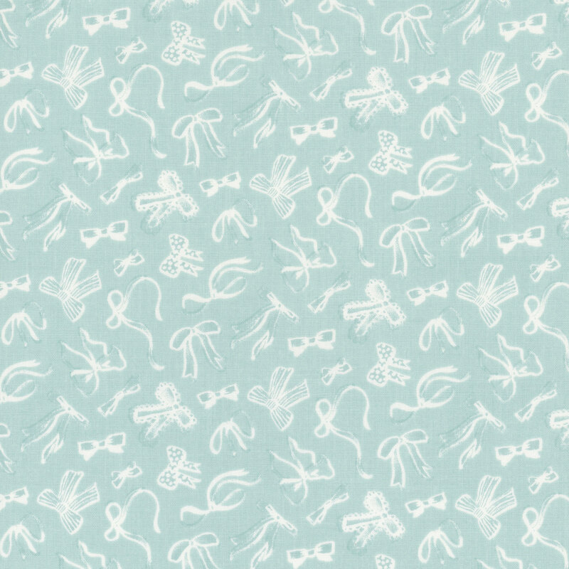Light aqua fabric with a pattern of tossed white bows in various styles.