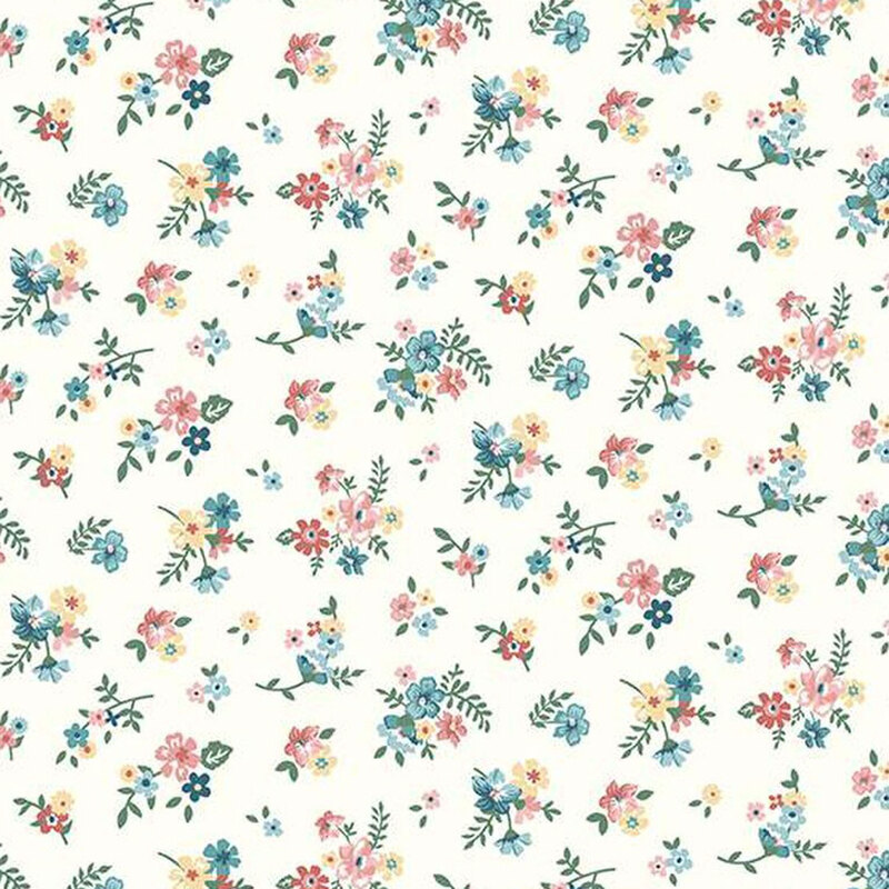 fabric pattern of groups of florals all over a white background