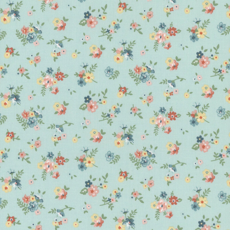 Aqua fabric with tossed floral clusters.