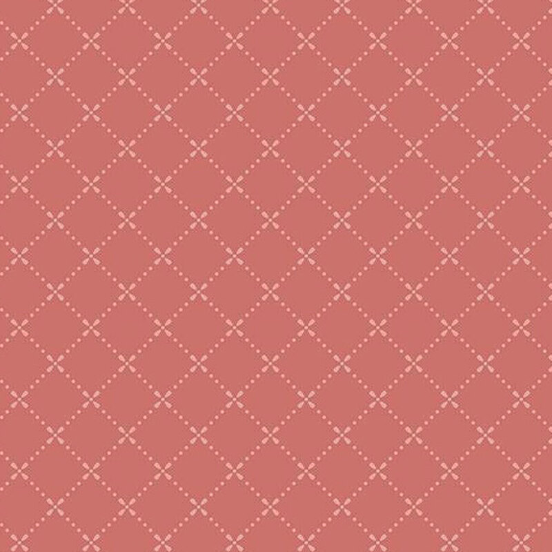 fabric pattern of a diagonal dotted grid check on a brunt pink background