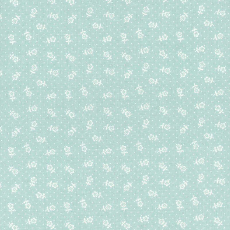 Aqua fabric with tossed light blue florals and pinprick dots.