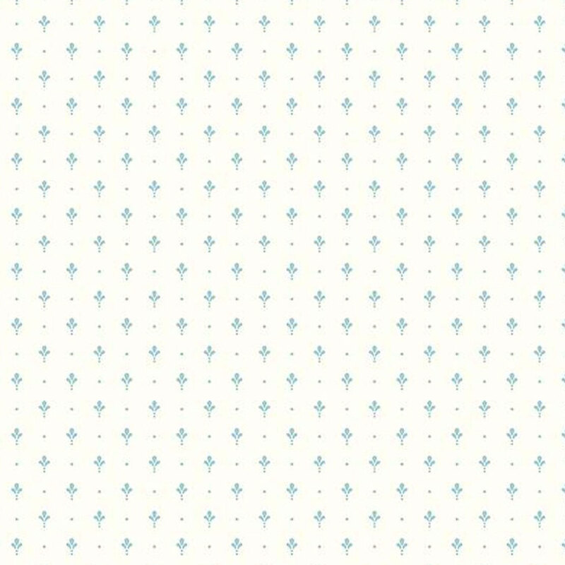 fabric pattern of blue playful motifs on a white background