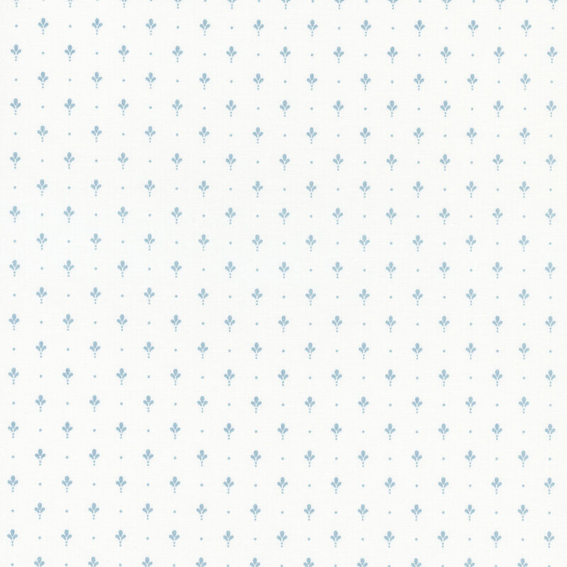 White fabric with a neat array of simplified blue fleur de lis.