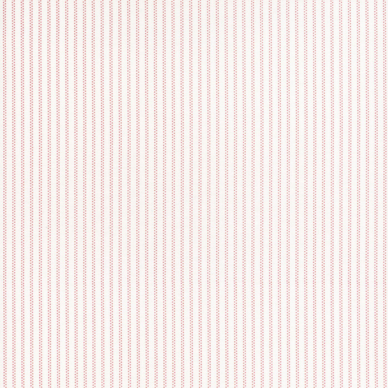 White fabric with thin rows of stripes made up of tiny pink dots.