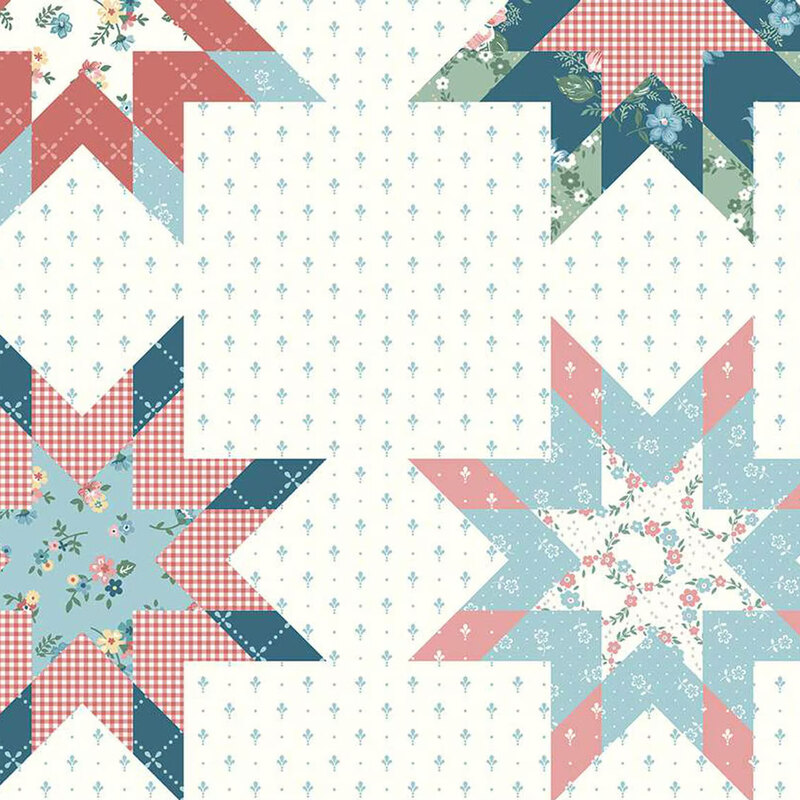 fabric pattern of geometric stars on a white background with blue floral motifs