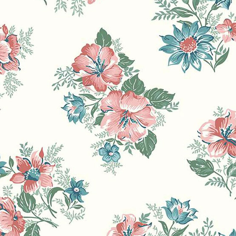 fabric pattern of pink and blue flowers in a bouquet with green leaves surrounding it on a white background