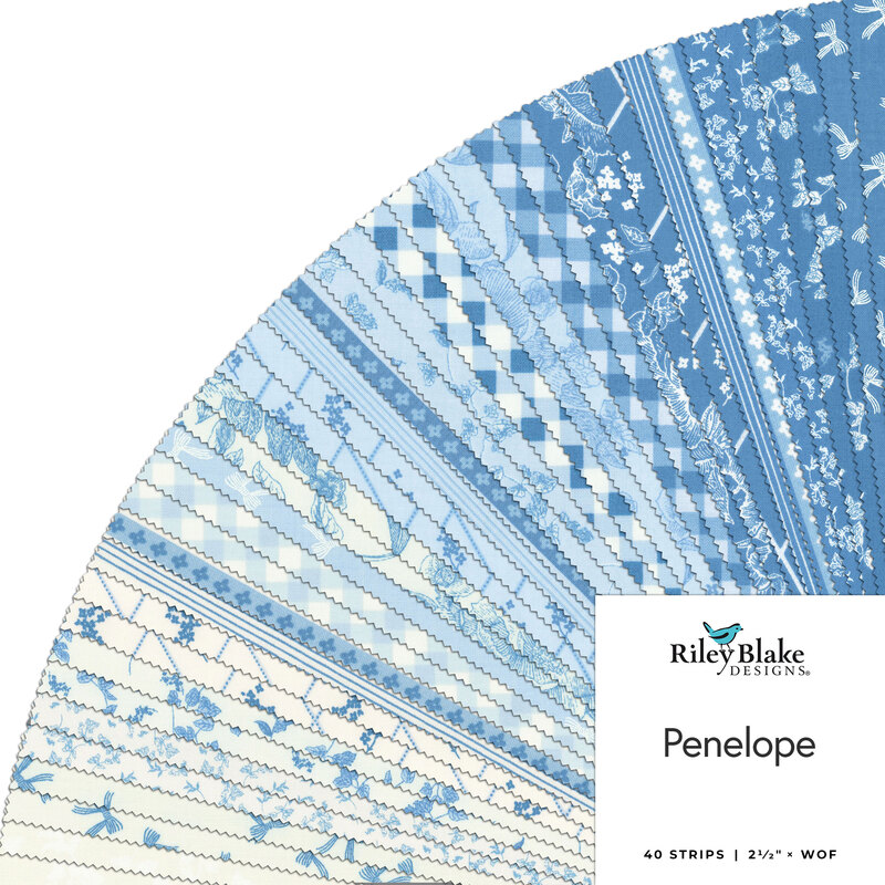 A collection of blue fabric strips in various patterns, titled Penelope by Riley Blake Designs.