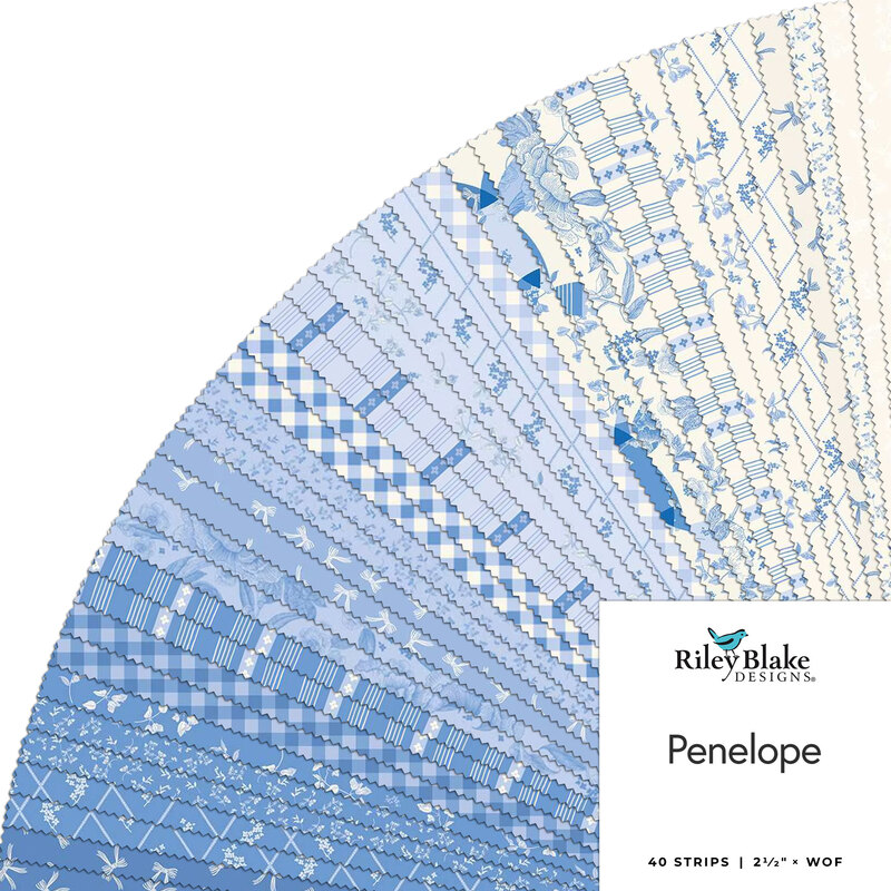 A collection of blue fabric strips in various patterns, titled Penelope by Riley Blake Designs.