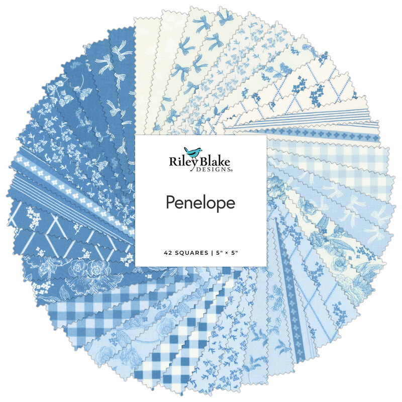 A circular display of blue and white fabric squares labeled Penelope by Riley Blake Designs.