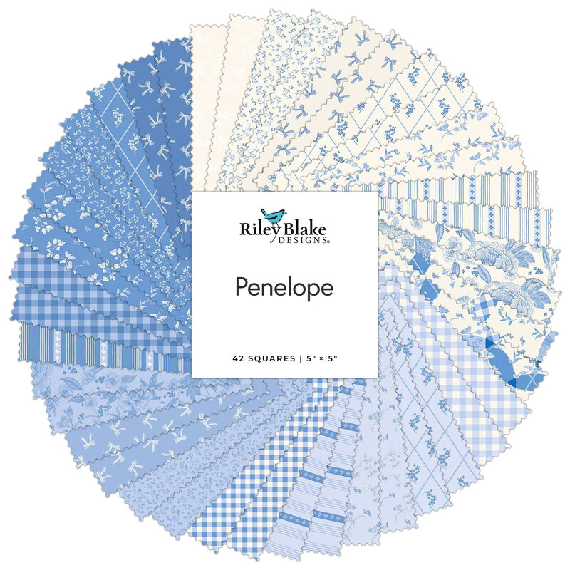 A circular display of blue and white fabric squares labeled Penelope by Riley Blake Designs.