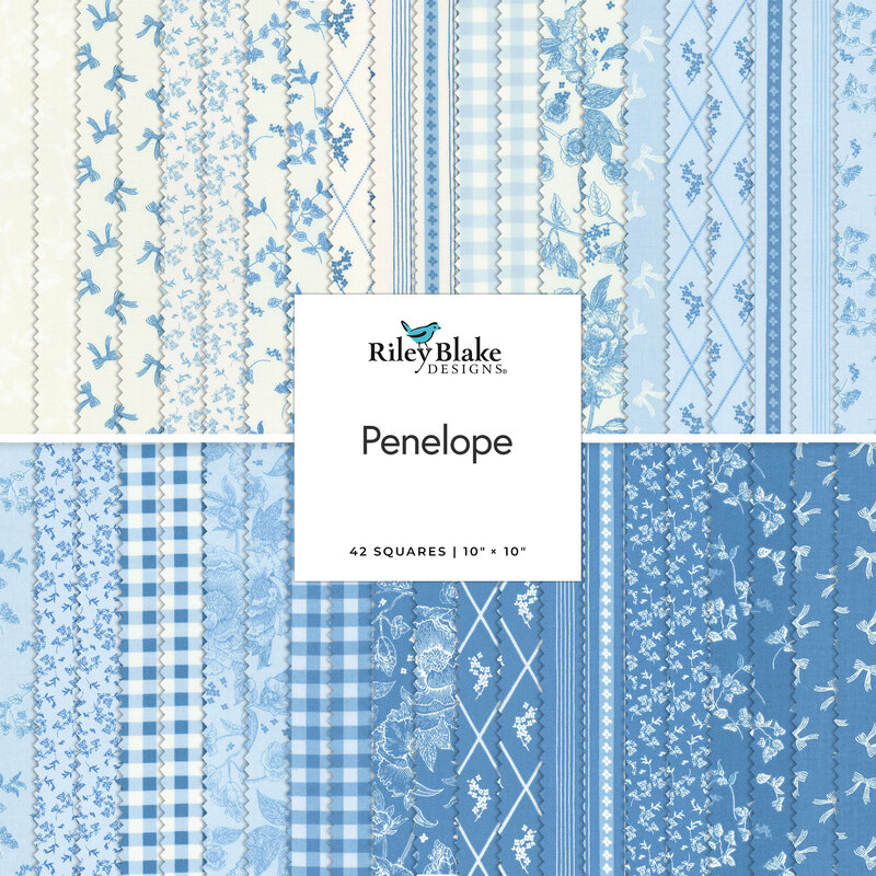 A quilt fabric collection featuring various blue and white patterns, labeled Penelope by Riley Blake Designs.
