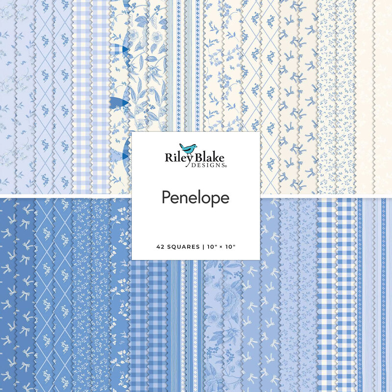 A quilt fabric collection featuring various blue and white patterns, labeled Penelope by Riley Blake Designs.