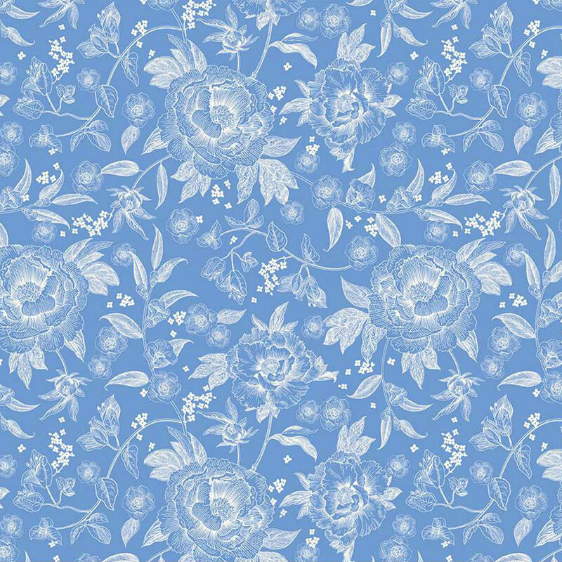 Light blue floral pattern featuring peonies and small blossoms on a textured background.