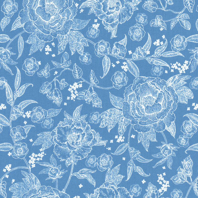 A blue fabric with white peonies and small blossoms. 
