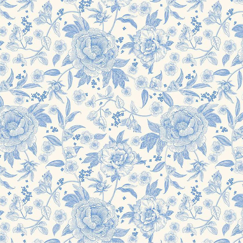 Blue floral pattern featuring peonies and small flowers on a light cream background.