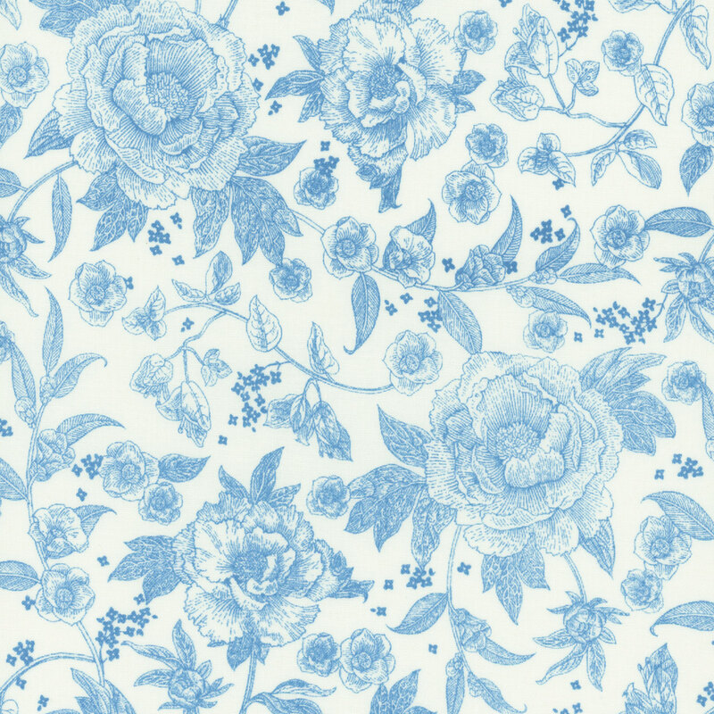 A white fabric with blue peonies and small blossoms.