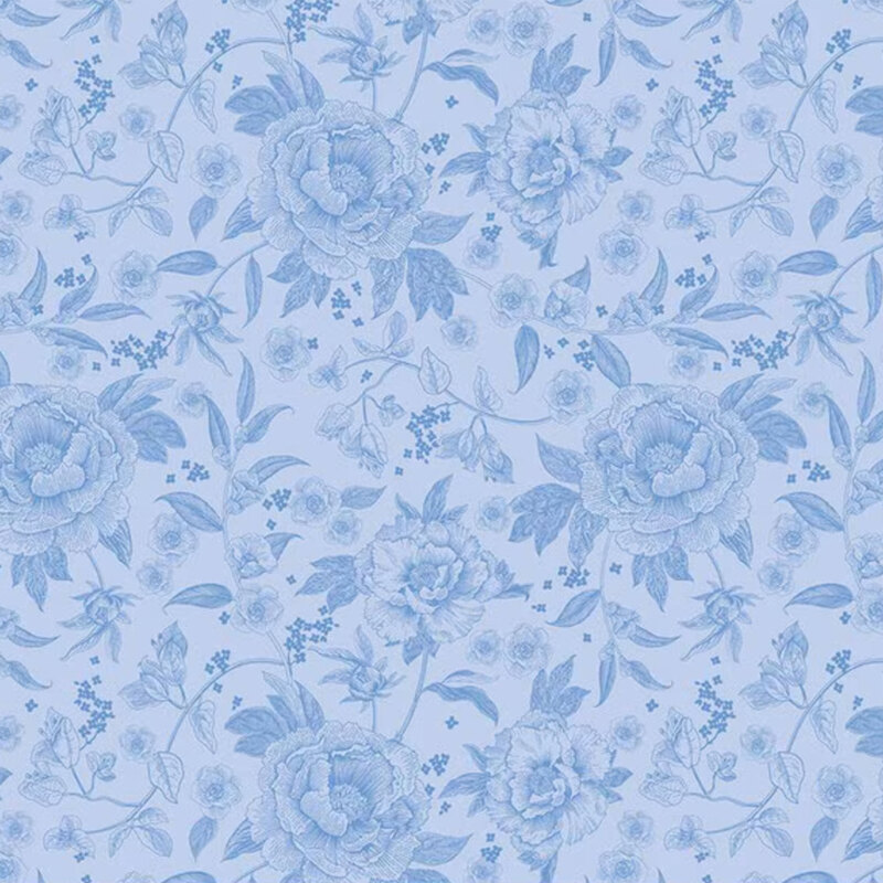 Light blue floral pattern featuring large and small roses with leaves and delicate flowers.