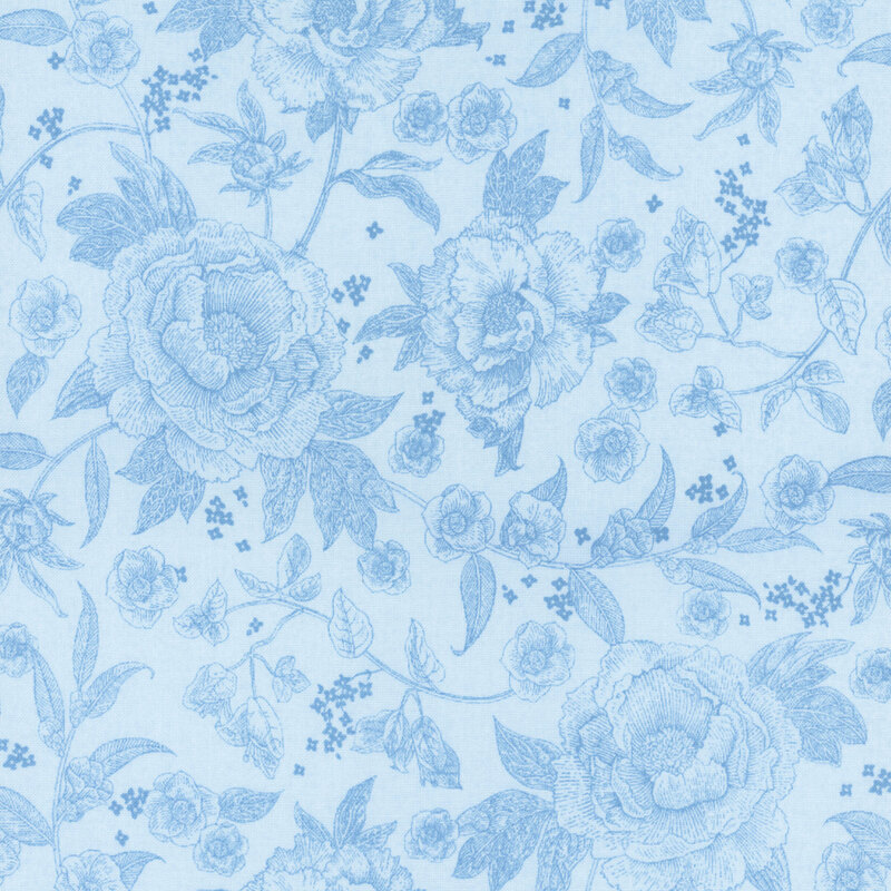 A tonal blue fabric with peonies and small blossoms.