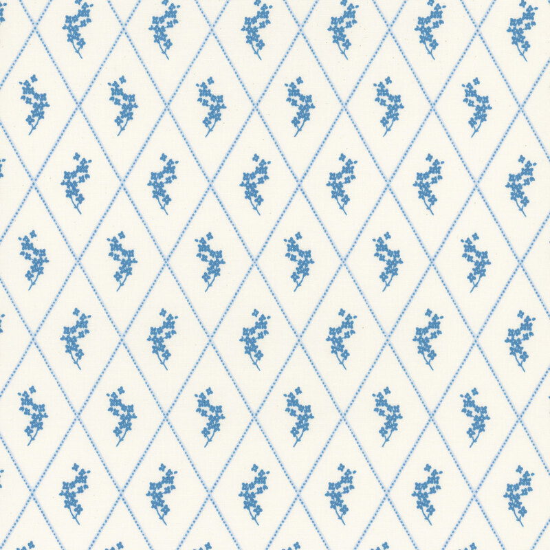 A white fabric featuring a diamond lattice design, with each diamond enclosing a small blue floral motif.