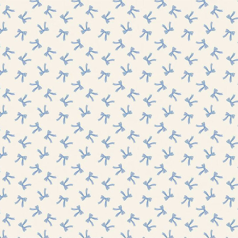 Light cream fabric with a repeating pattern of blue bird footprints.