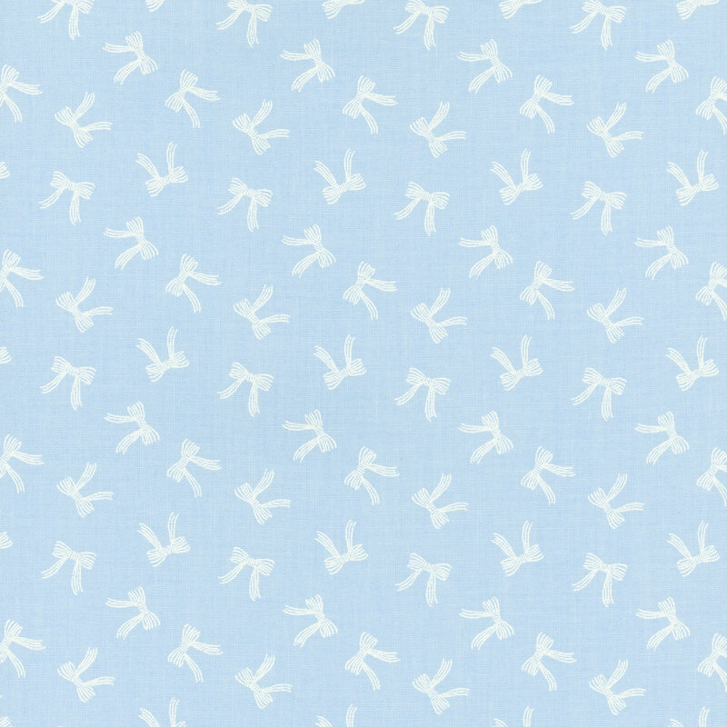 A light blue fabric with tossed white bows.