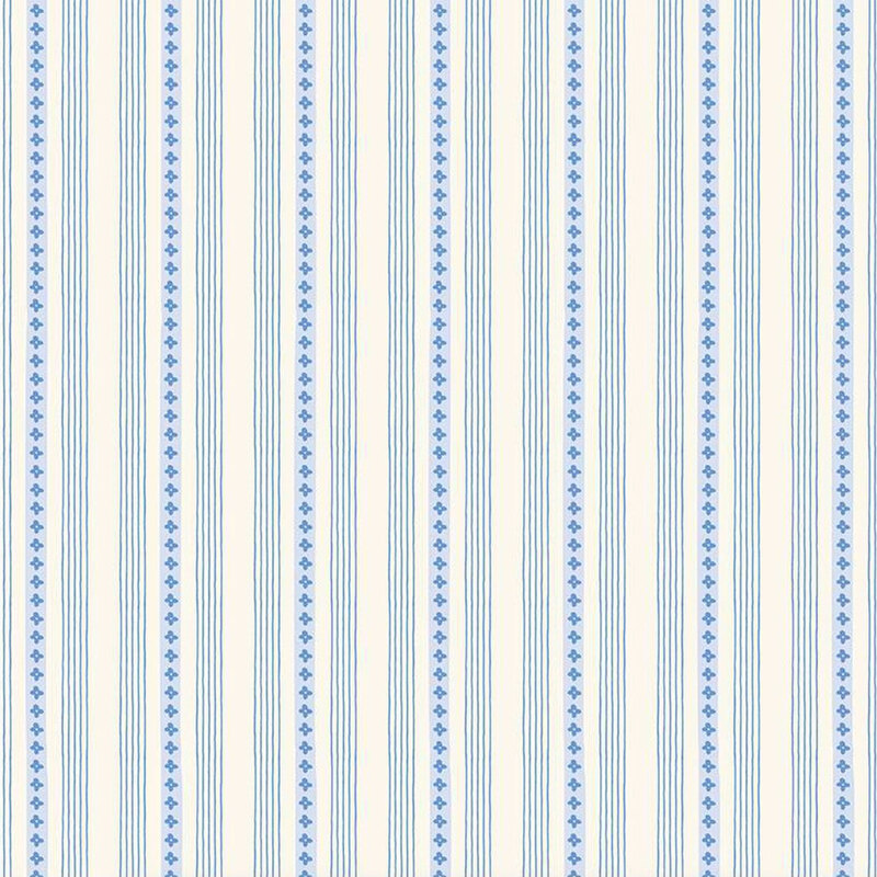 Vertical stripes in light blue and cream with small floral motifs throughout. Simple, patterned design.