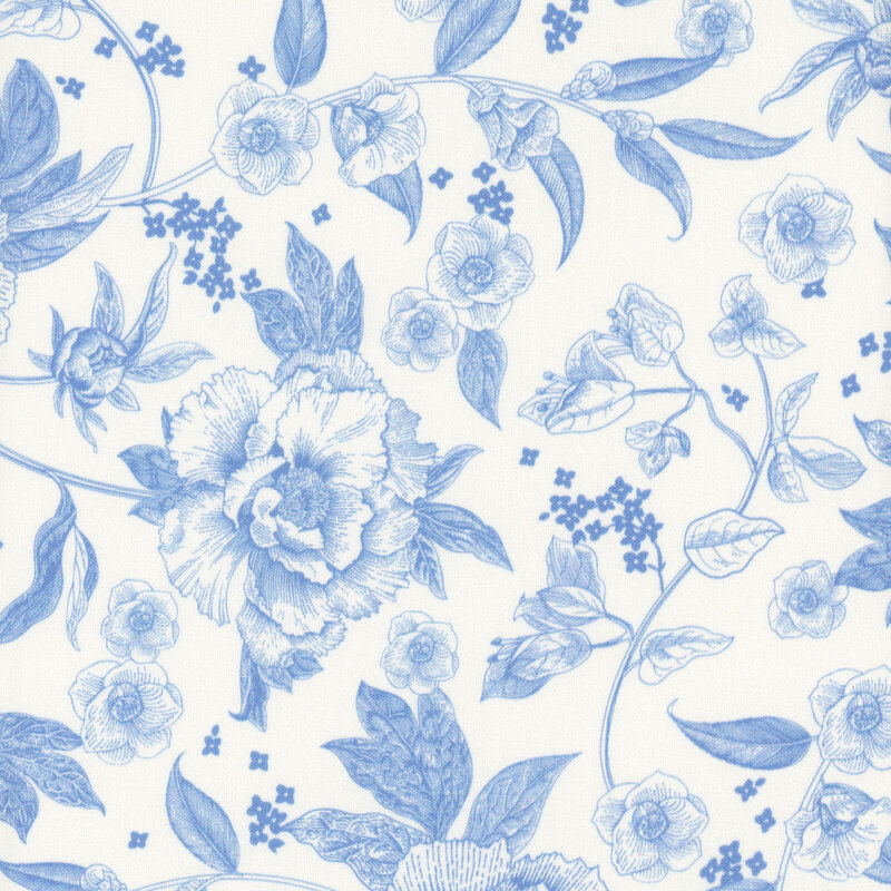 A white fabric with blue peonies and small blossoms.