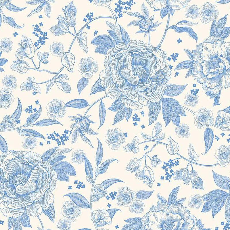 Blue and white floral pattern featuring large peonies and smaller flowers on a light fabric.