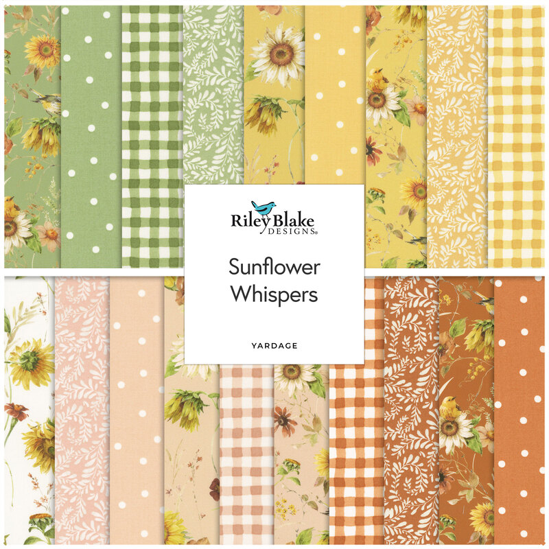 A stacked collage of the autumnal fabrics included in the Sunflower Whispers collection.