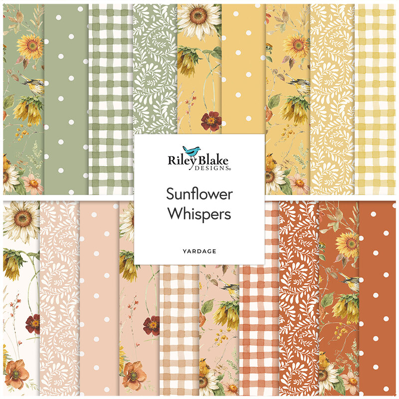 A stacked collage of the autumnal fabrics included in the Sunflower Whispers collection.