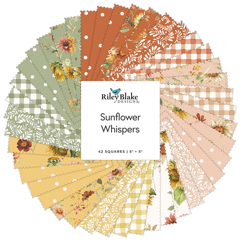 A spiral collage of the autumnal fabrics included in the Sunflower Whispers 5