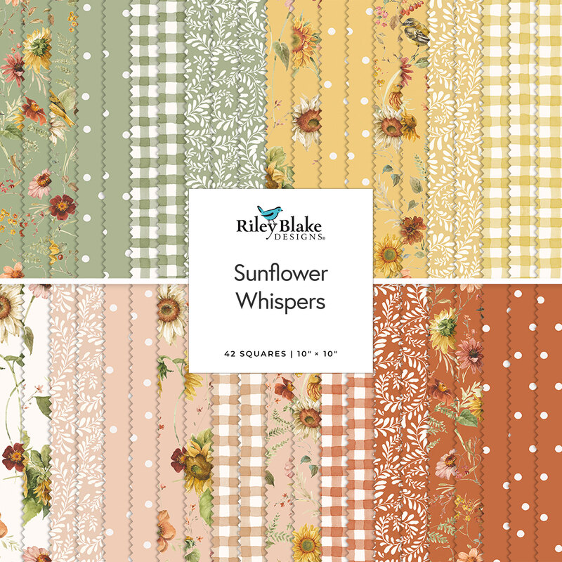 A stacked collage of the autumnal fabrics included in the Sunflower Whispers 10