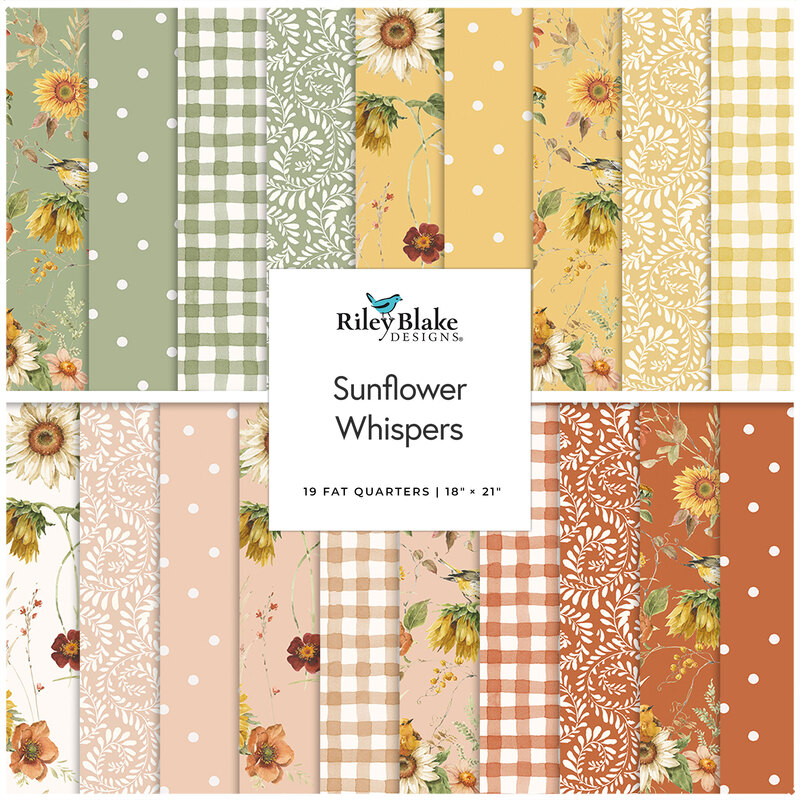 A stacked collage of the autumnal fabrics included in the Sunflower Whispers FQ Set.