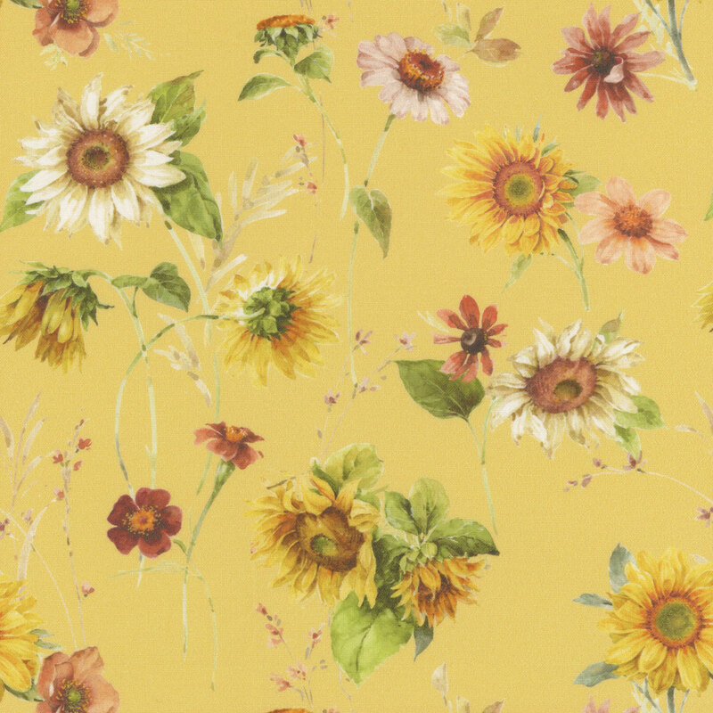 Yellow fabric with yellow and white sunflowers and other various garden flowers.