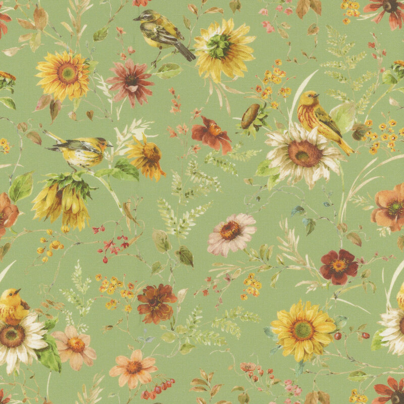 Light green fabric with warblers perched on sunflower stems.