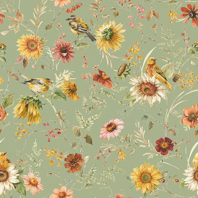 Light green fabric with warblers perched on sunflower stems.