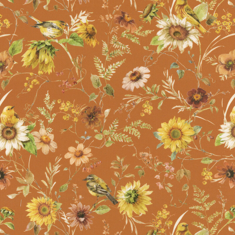 Burnt orange fabric with warblers perched on sunflower stems.
