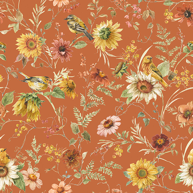 Burnt orange fabric with warblers perched on sunflower stems.