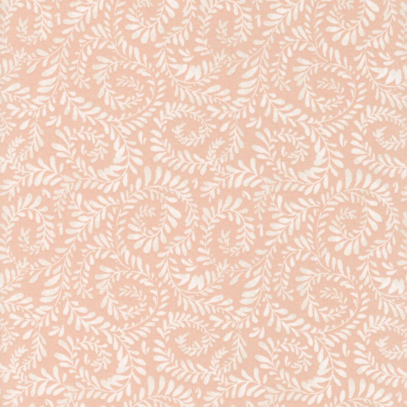 Blush pink fabric with vines curled in a swirling pattern.