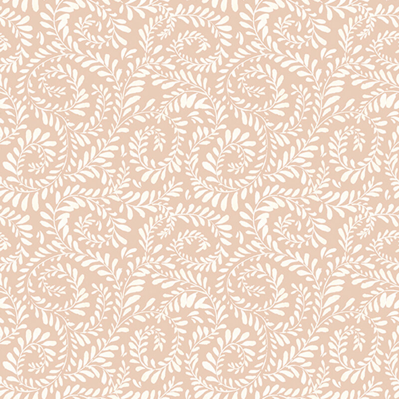 Blush pink fabric with vines curled in a swirling pattern.