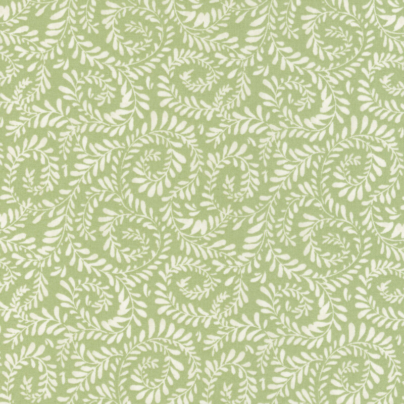 Sage green fabric with vines curled in a swirling pattern.