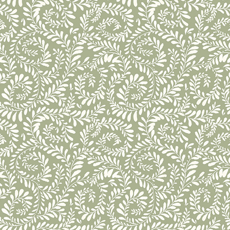 Sage green fabric with vines curled in a swirling pattern.