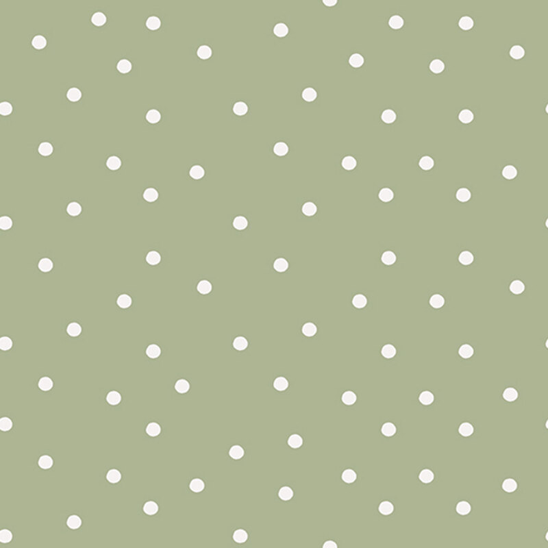 Sage green fabric with scattered solid white polka dots.