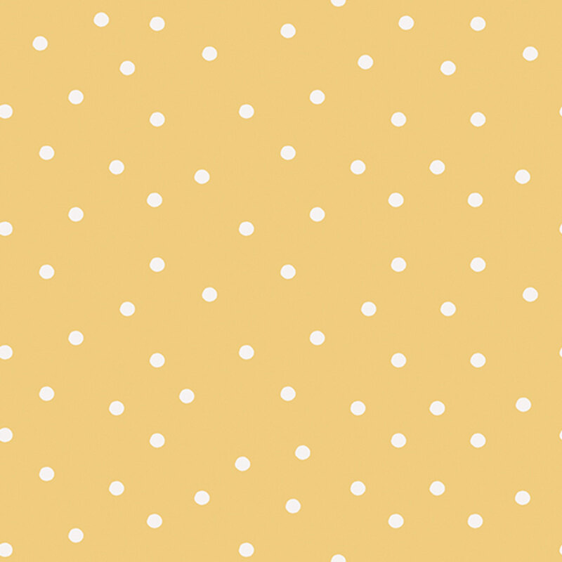 Bright yellow fabric with scattered solid white polka dots.