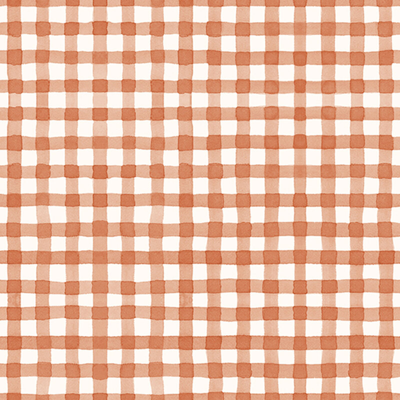 Watercolor gingham fabric in white and burnt orange.